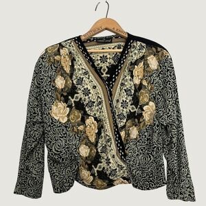 Carole Little Womens L Floral Paisley Surplice Wrap Front Blouse Green Black